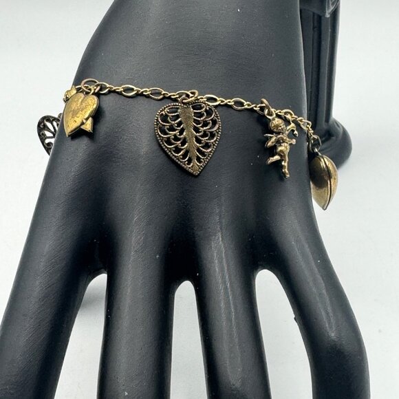Vintage Brass Heart Charm Bracelet With Intricate Designs & Clasp Closure - Picture 3 of 6
